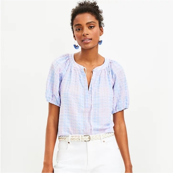 LOFT Other - LOFT Pastel Tie Neck Pastel Striped Gingham Plaid Puff Sleeve Top Size XS